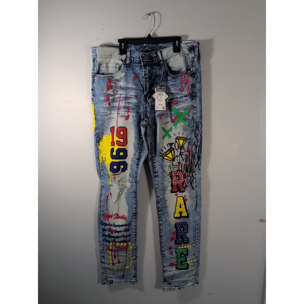 Rue21 Premium Mens 32x32 Graffiti Acid Wash Skinny Jeans Supreme Flex NWT Rare